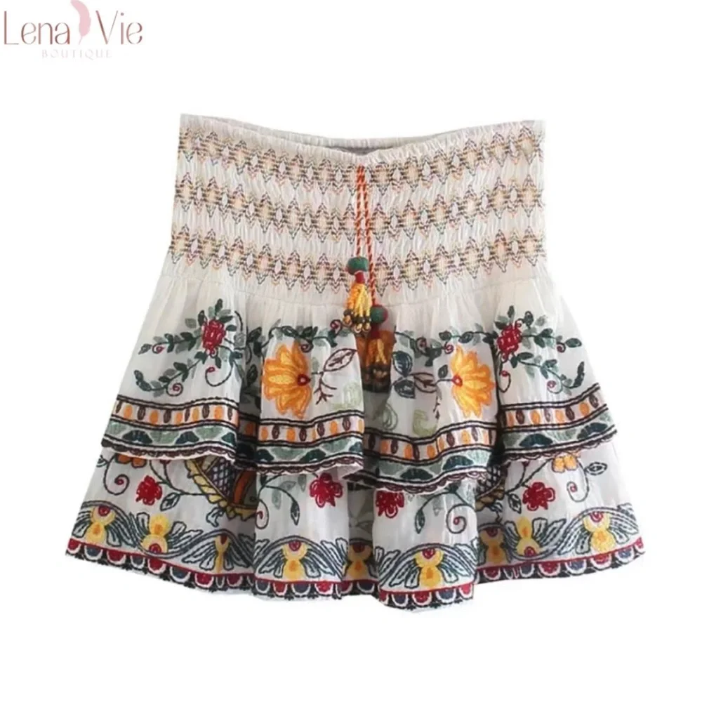 Boho Summer Embroidered Flared Kimono 2 Piece Skirt Set, Cotton Floral Koi Print - Picture 6 of 11